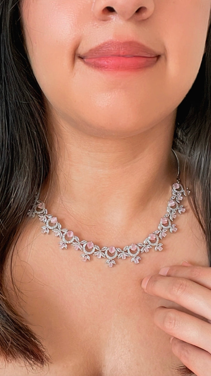 Premium American Diamond Choker Necklace with Pink Stones and Hanging Earrings - Desi Closet
