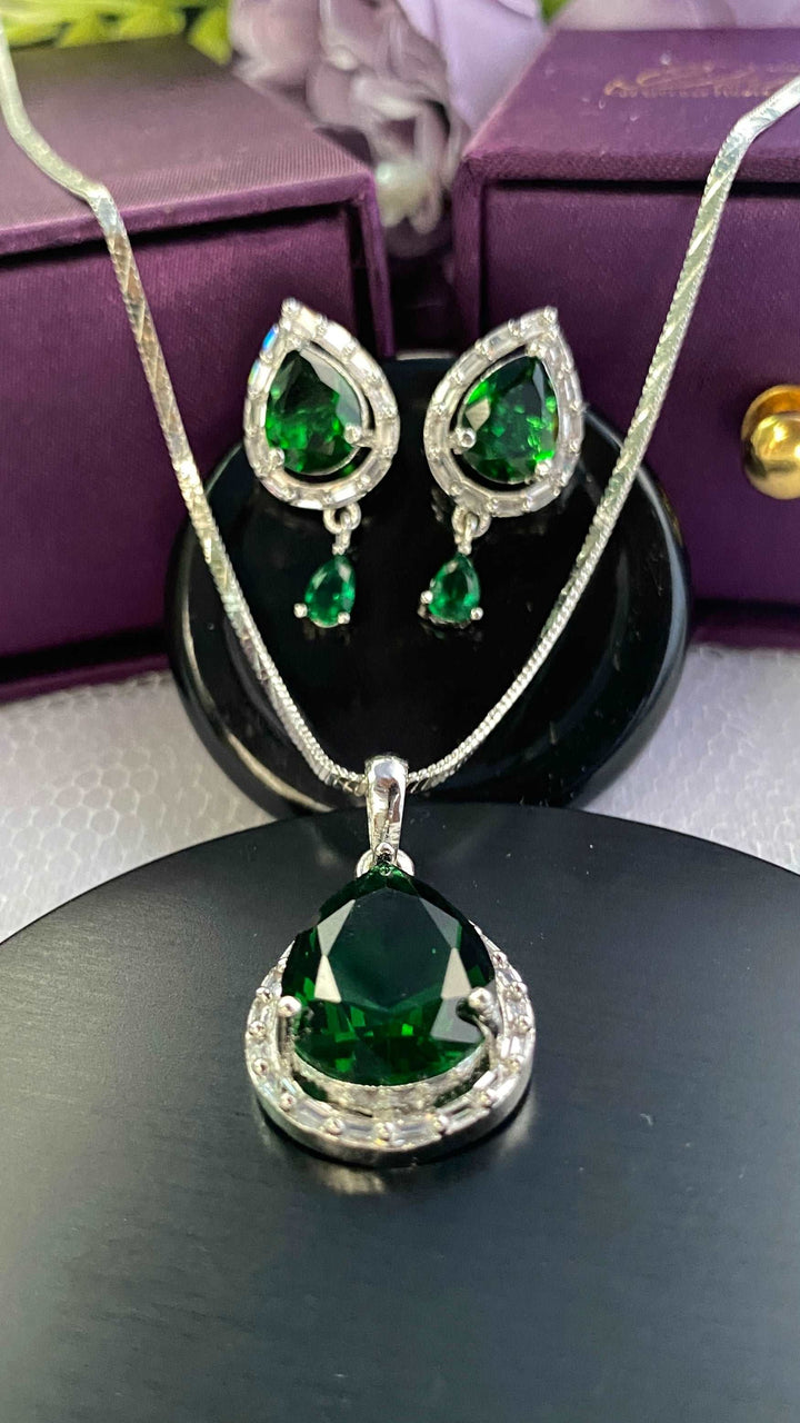 American Diamond Emerald Green Pendant Chain & Earring Set - Desi Closet