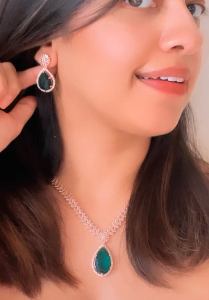 Premium American Diamond Rose Gold Titan Necklace with Emerald Stone - Desi Closet