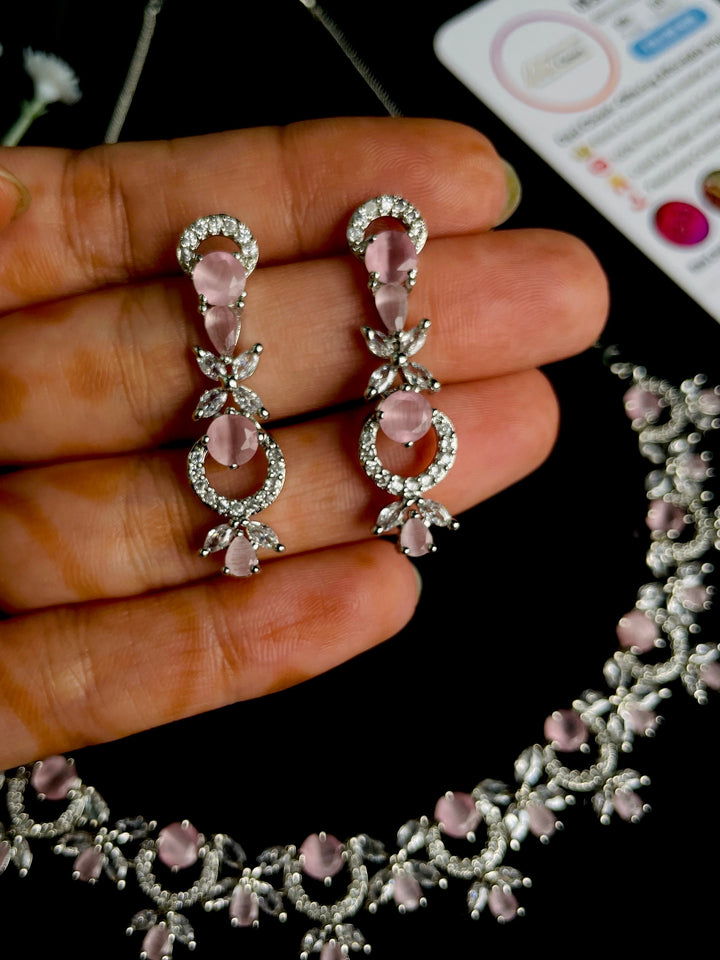 Premium American Diamond Choker Necklace with Pink Stones and Hanging Earrings - Desi Closet