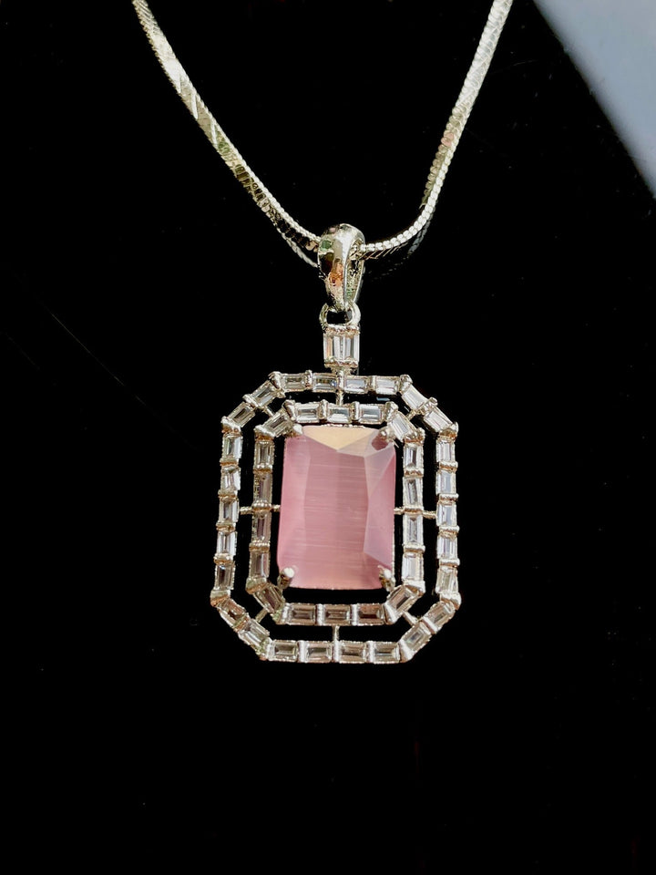 American Diamond Pink Square Layered Pendant Chain & Earring Set - Desi Closet