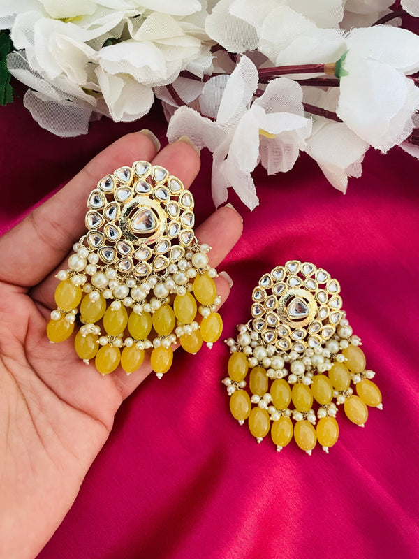 Traditional Gold Plated Kundan Earrings - Yellow - Desi Closet
