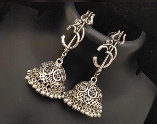 Silver Om Trishul Jhumkas - Desi Closet