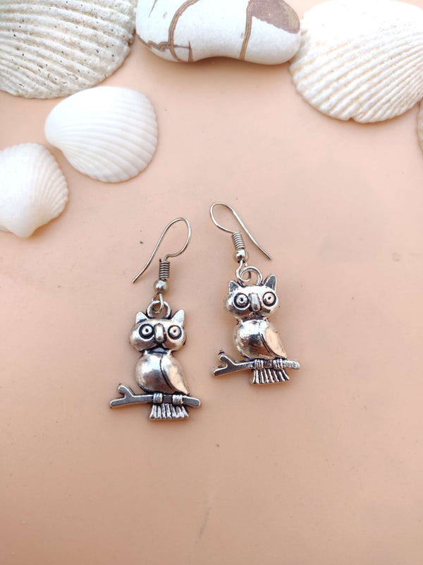 Silver Hanging Owl Earrings - Desi Closet