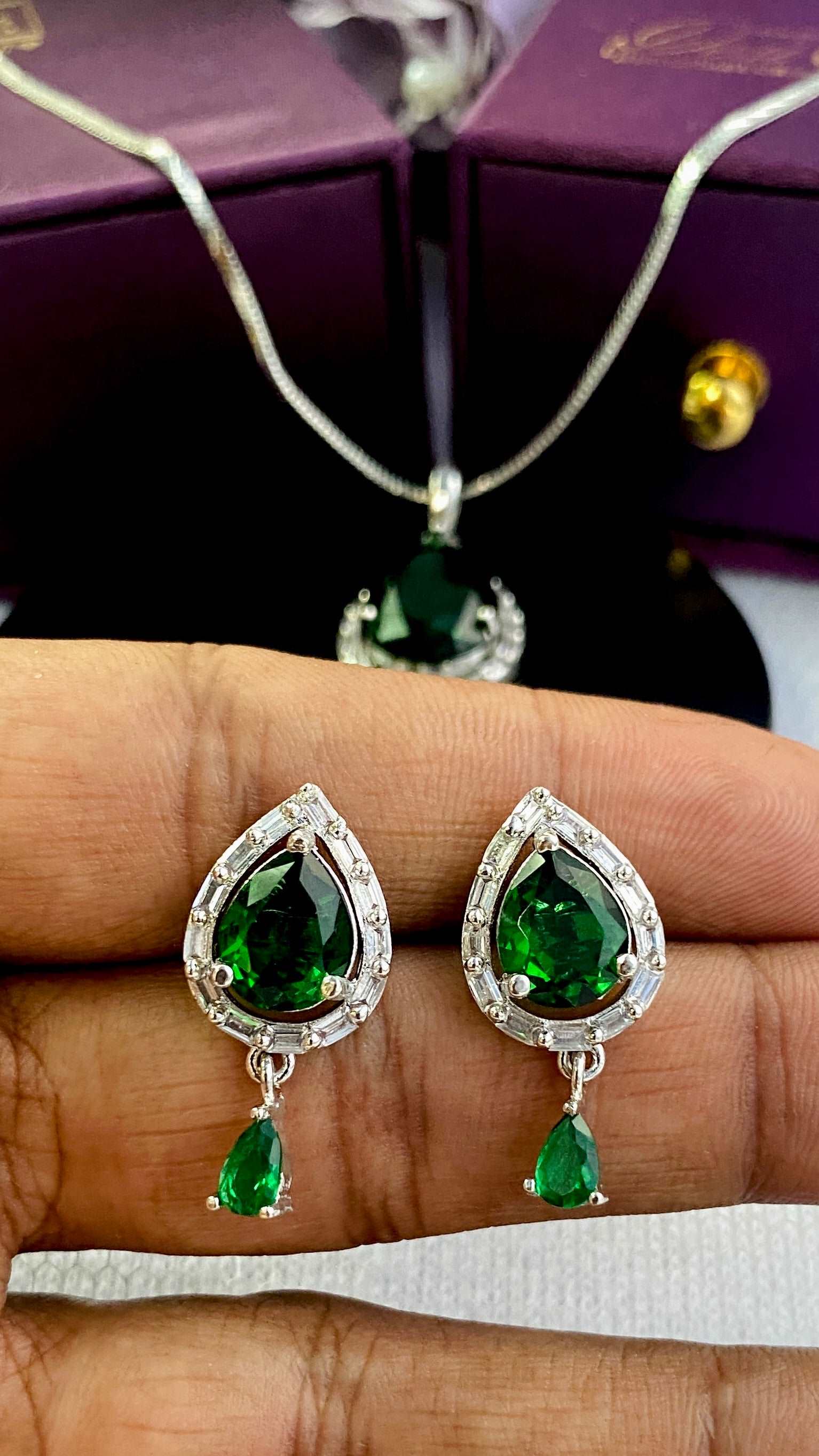 American Diamond Emerald Green Pendant Chain & Earring Set - Desi Closet