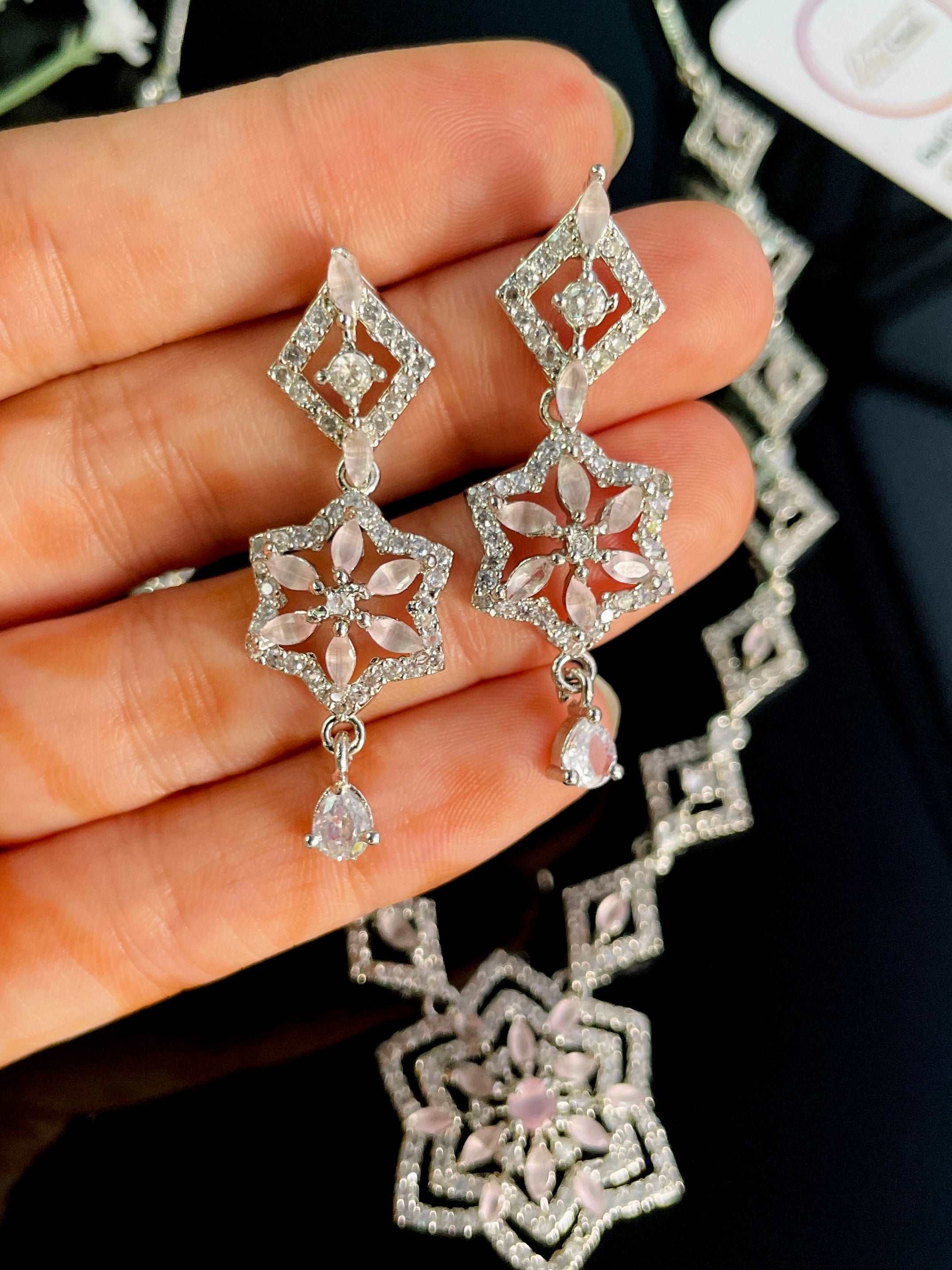 AD Unique Floral Pale Pink Long Necklace With Flower Cut Earrings - Desi Closet