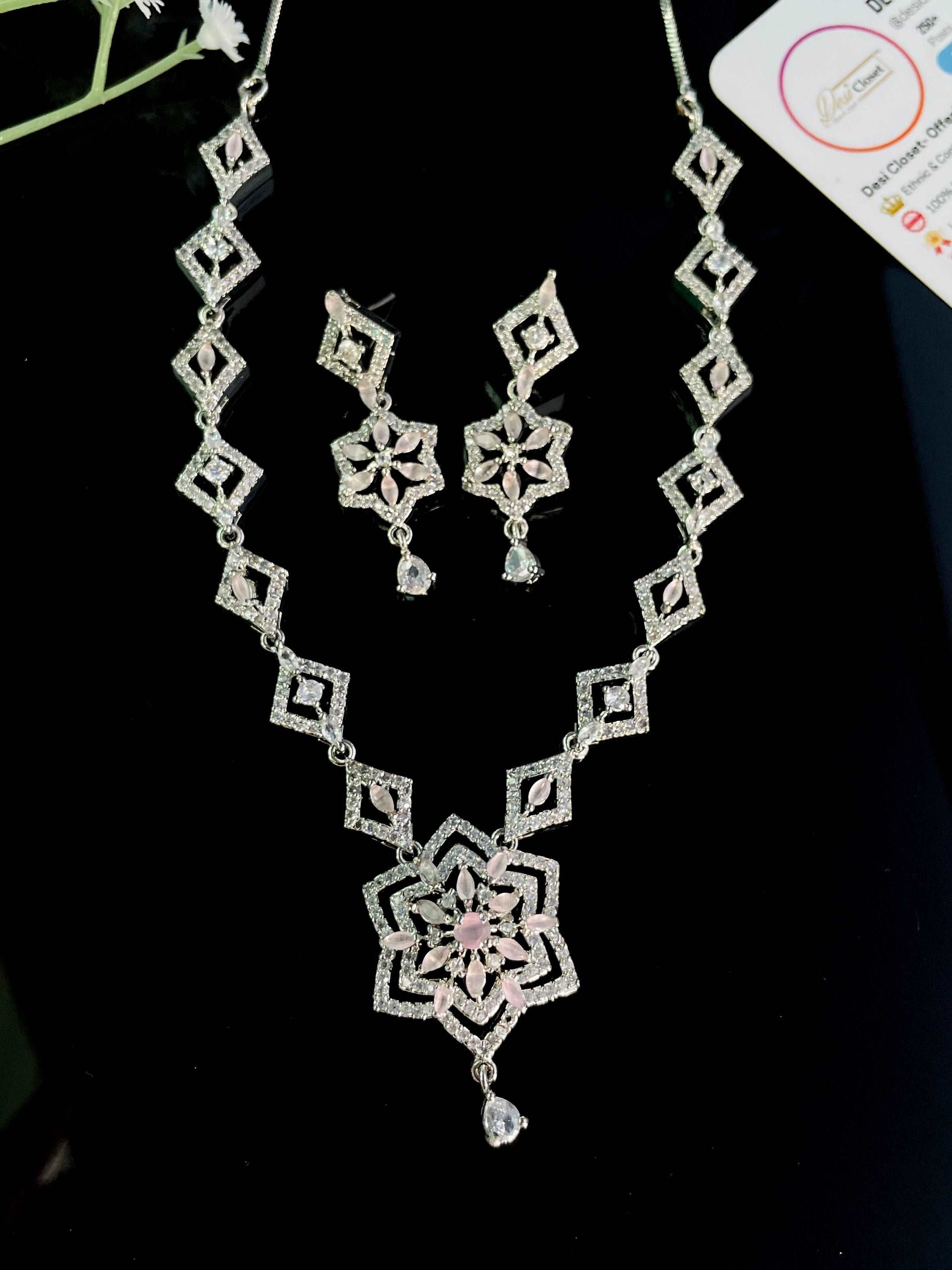 AD Unique Floral Pale Pink Long Necklace With Flower Cut Earrings - Desi Closet
