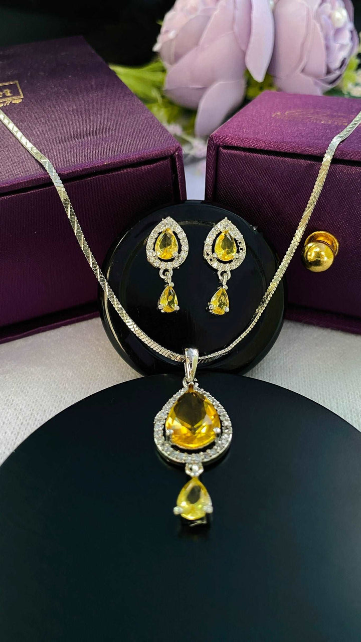 American Diamond Pale Yellow Pendant Chain & Earring Set - Desi Closet