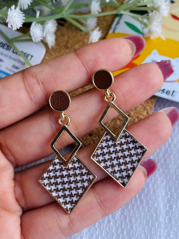 Brown Checkered Danglers - Desi Closet