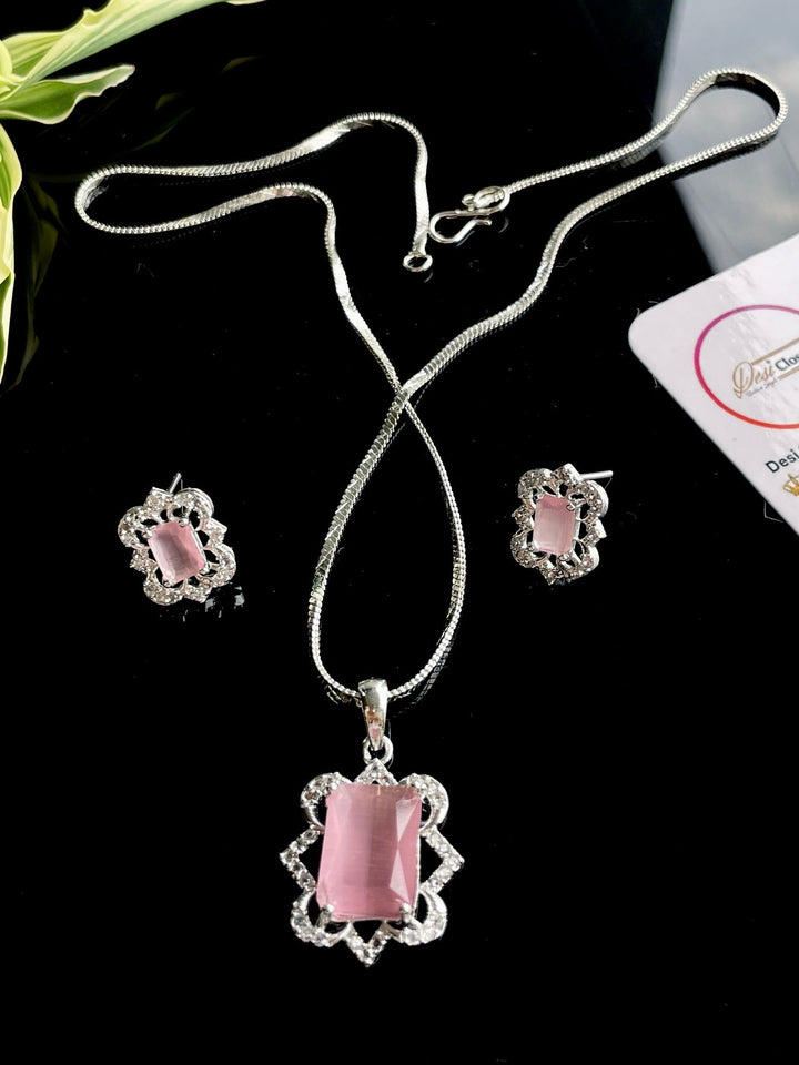 American Diamond Pastel Pink Pendant Chain & Earring Set - Desi Closet