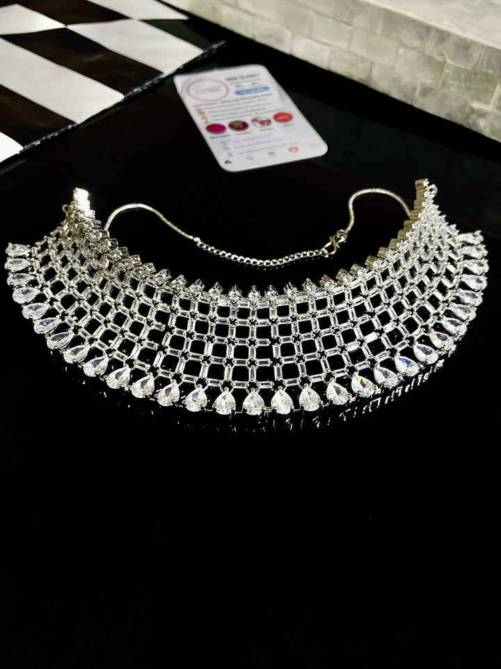 Premium AD Necklace with CZ Earrings and Maang Tikka - Full Set - Desi Closet