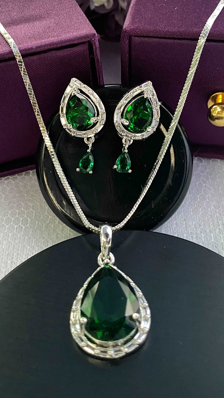 American Diamond Emerald Green Pendant Chain & Earring Set - Desi Closet