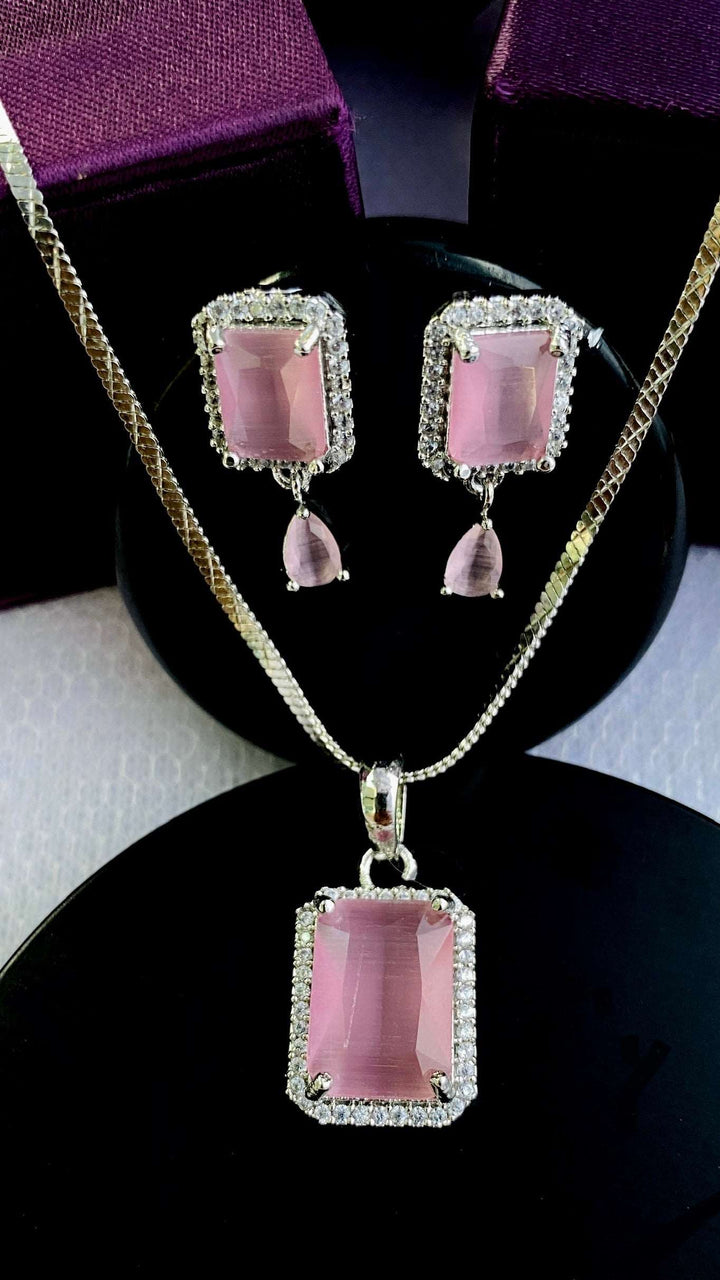 American Diamond Pink Rect Pendant Chain & Earring Set - Desi Closet