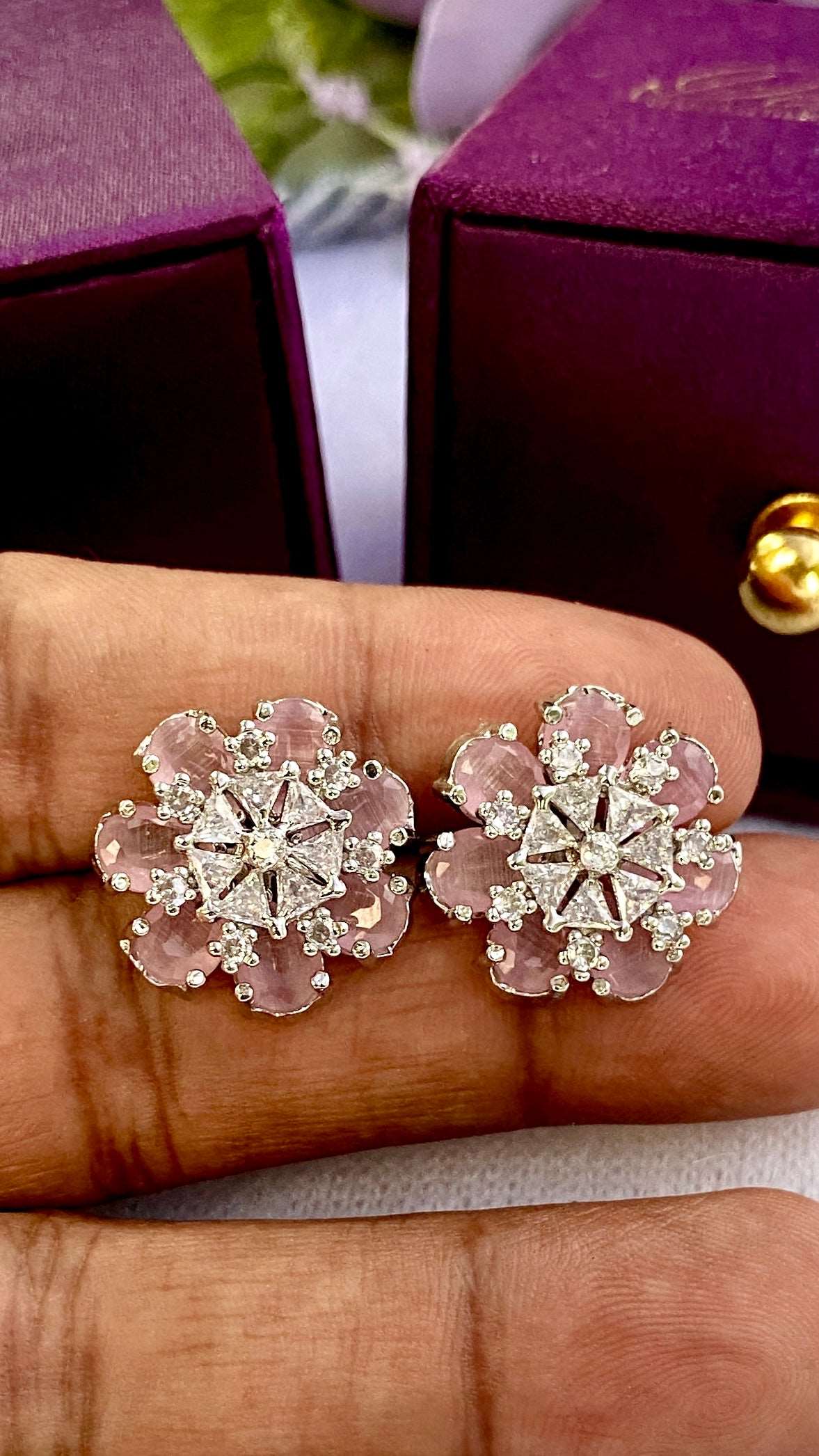 AD Dual Pattern Pink Floral Snowflake Studs - Desi Closet