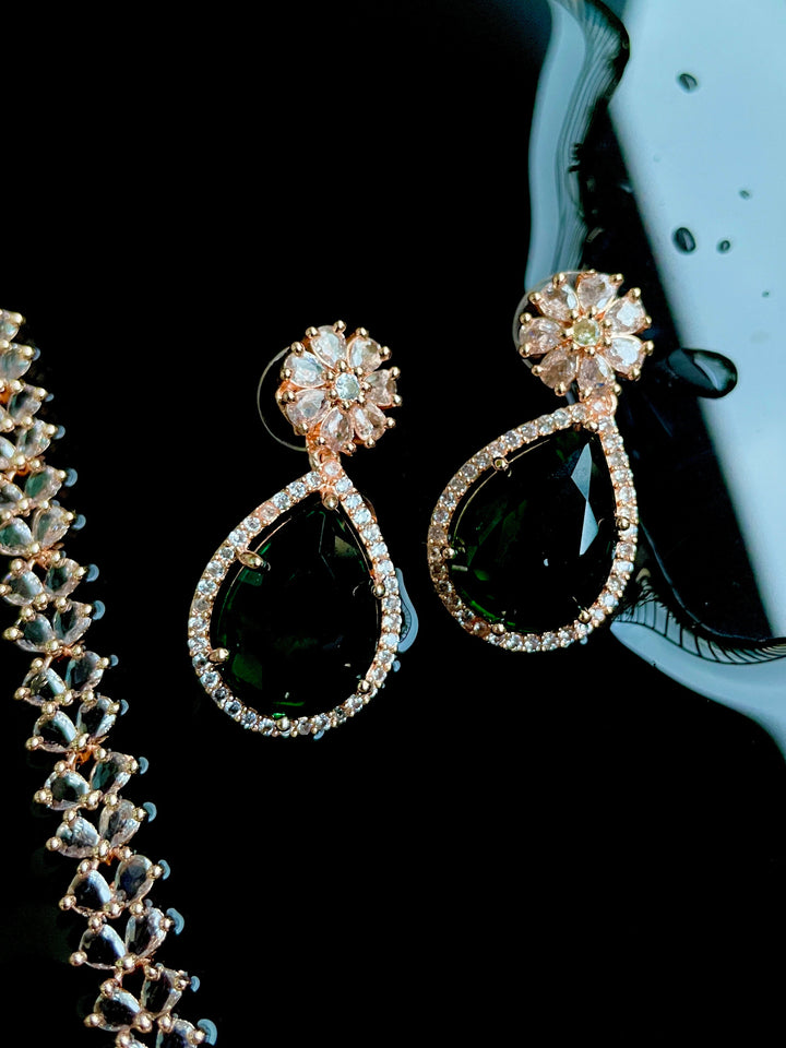 Premium American Diamond Rose Gold Titan Necklace with Emerald Stone - Desi Closet