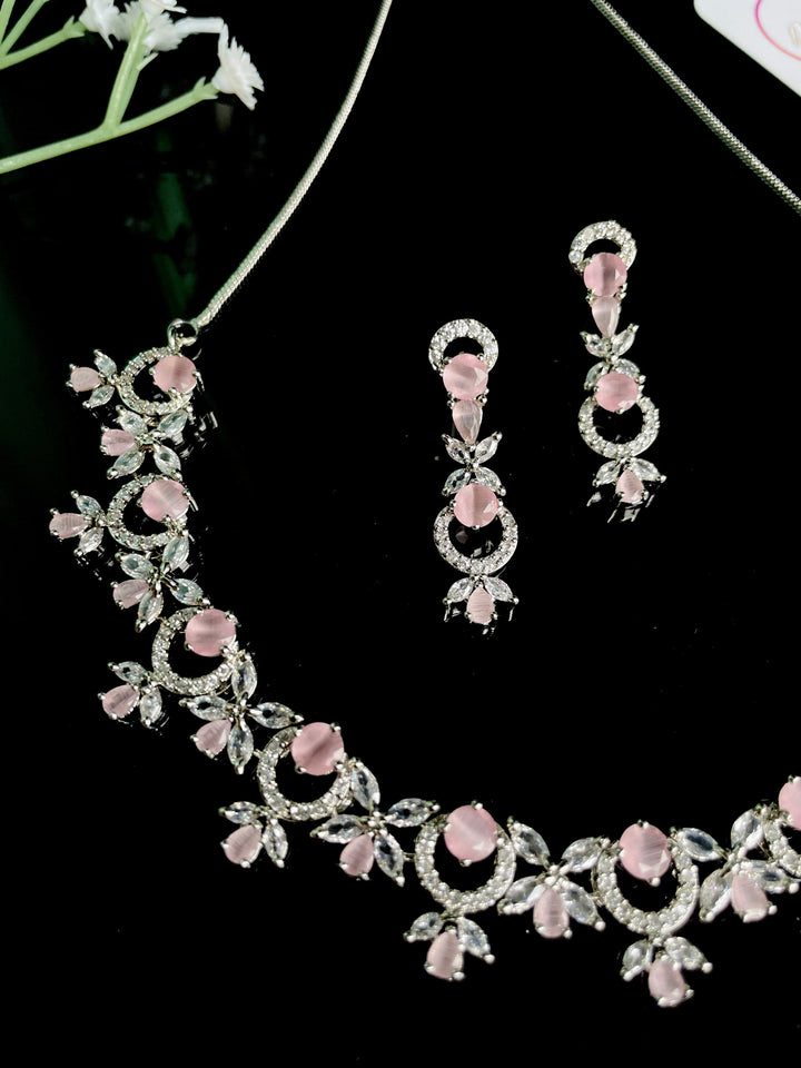 Premium American Diamond Choker Necklace with Pink Stones and Hanging Earrings - Desi Closet