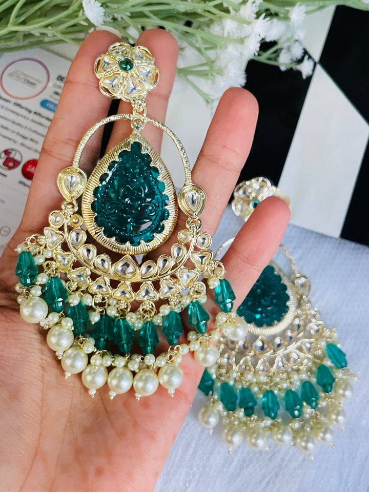 Sea Green Large Carve Stone Danglers - Desi Closet