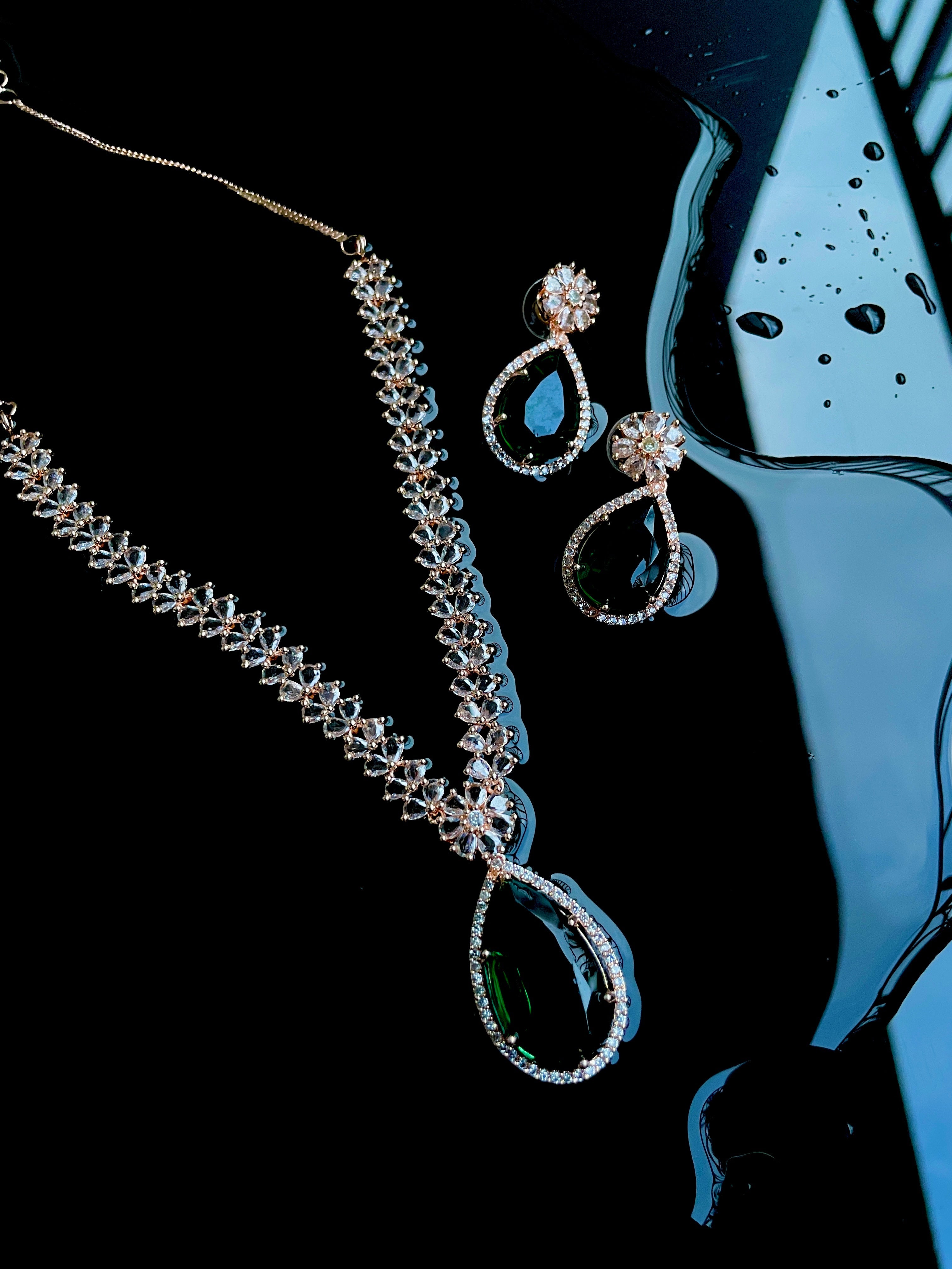 Premium American Diamond Rose Gold Titan Necklace with Emerald Stone - Desi Closet