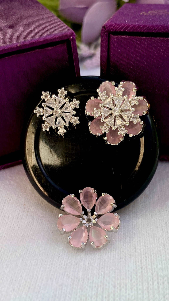 AD Dual Pattern Pink Floral Snowflake Studs - Desi Closet