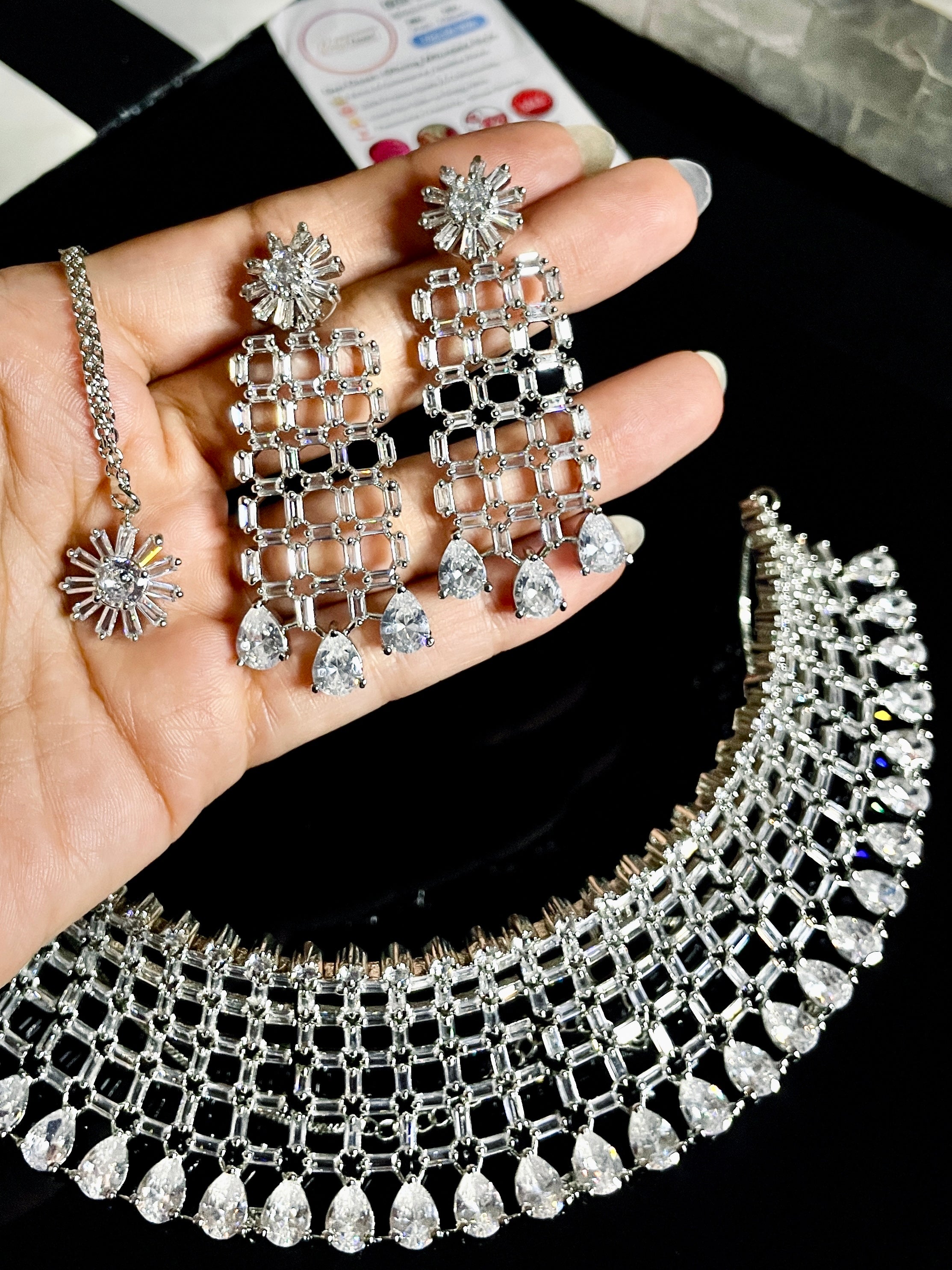 Premium AD Necklace with CZ Earrings and Maang Tikka - Full Set - Desi Closet