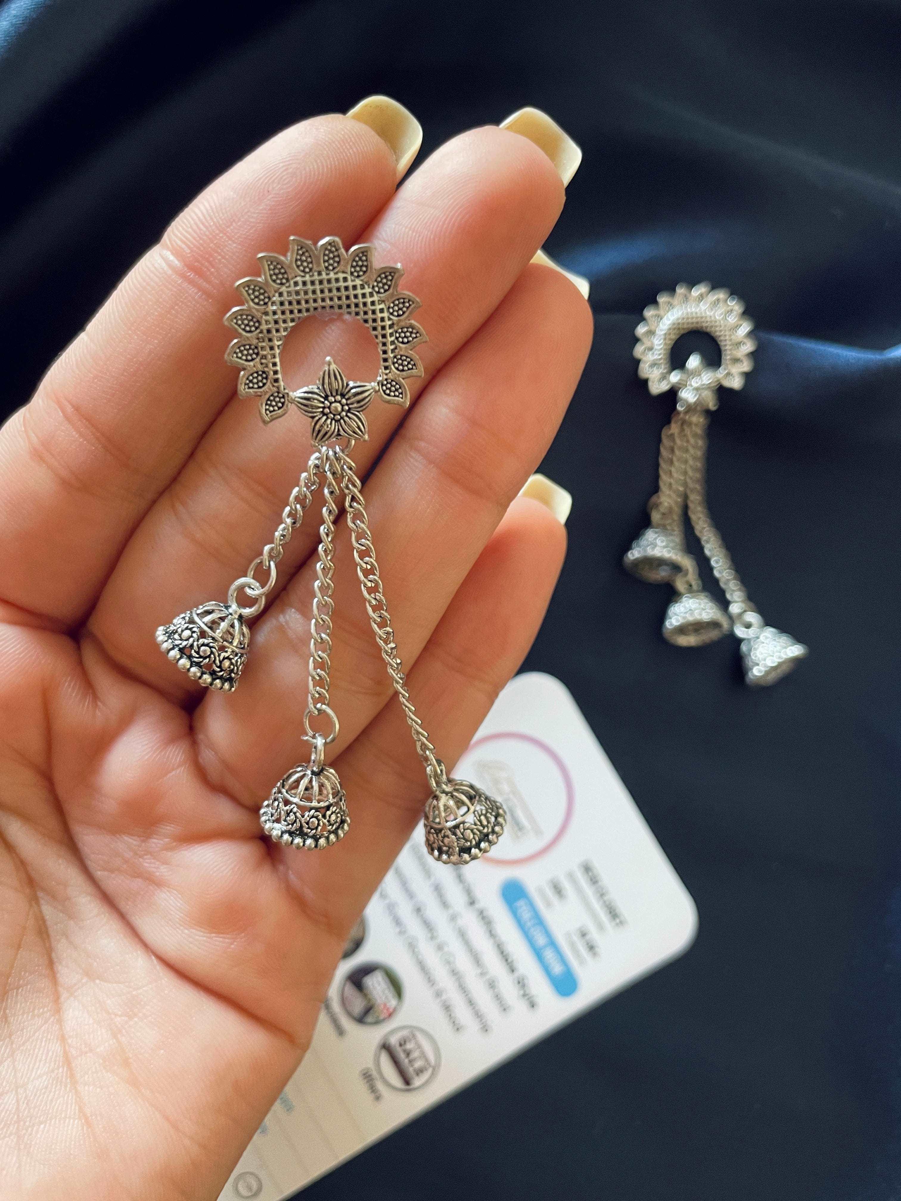 3 Tiny Jhumki Drop Silver Earrings - Desi Closet