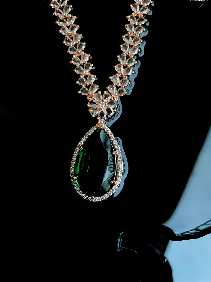 Premium American Diamond Rose Gold Titan Necklace with Emerald Stone - Desi Closet