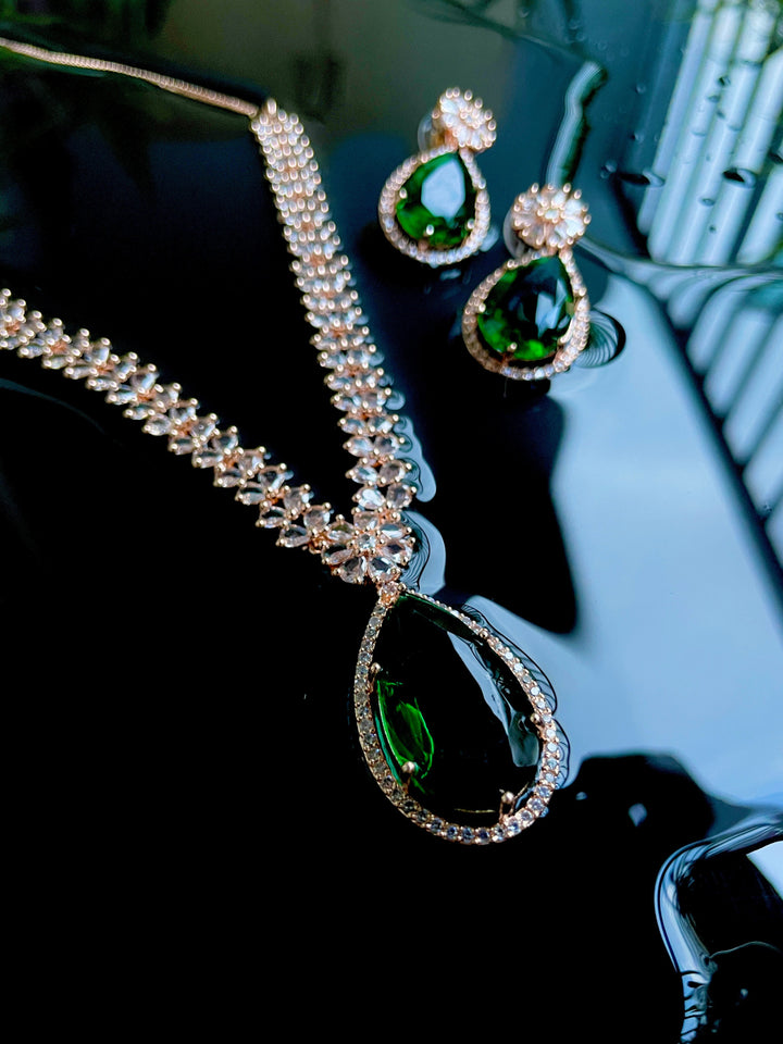 Premium American Diamond Rose Gold Titan Necklace with Emerald Stone - Desi Closet