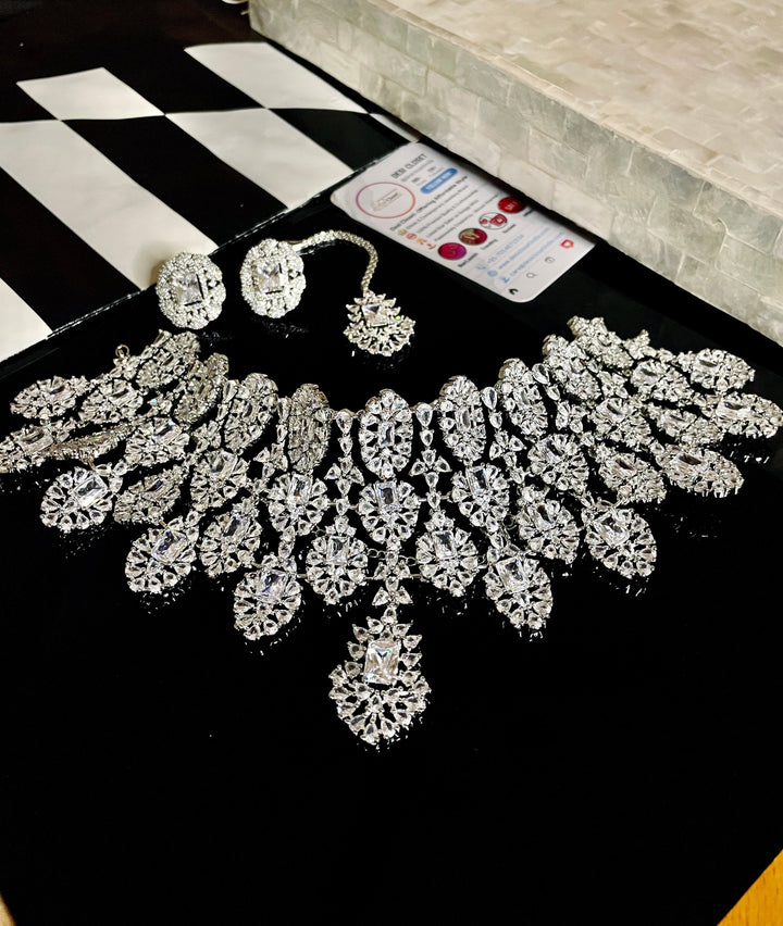 Premium Ultra AD Fish-cut Necklace with Earrings and Maang Tikka - Full Set - Desi Closet