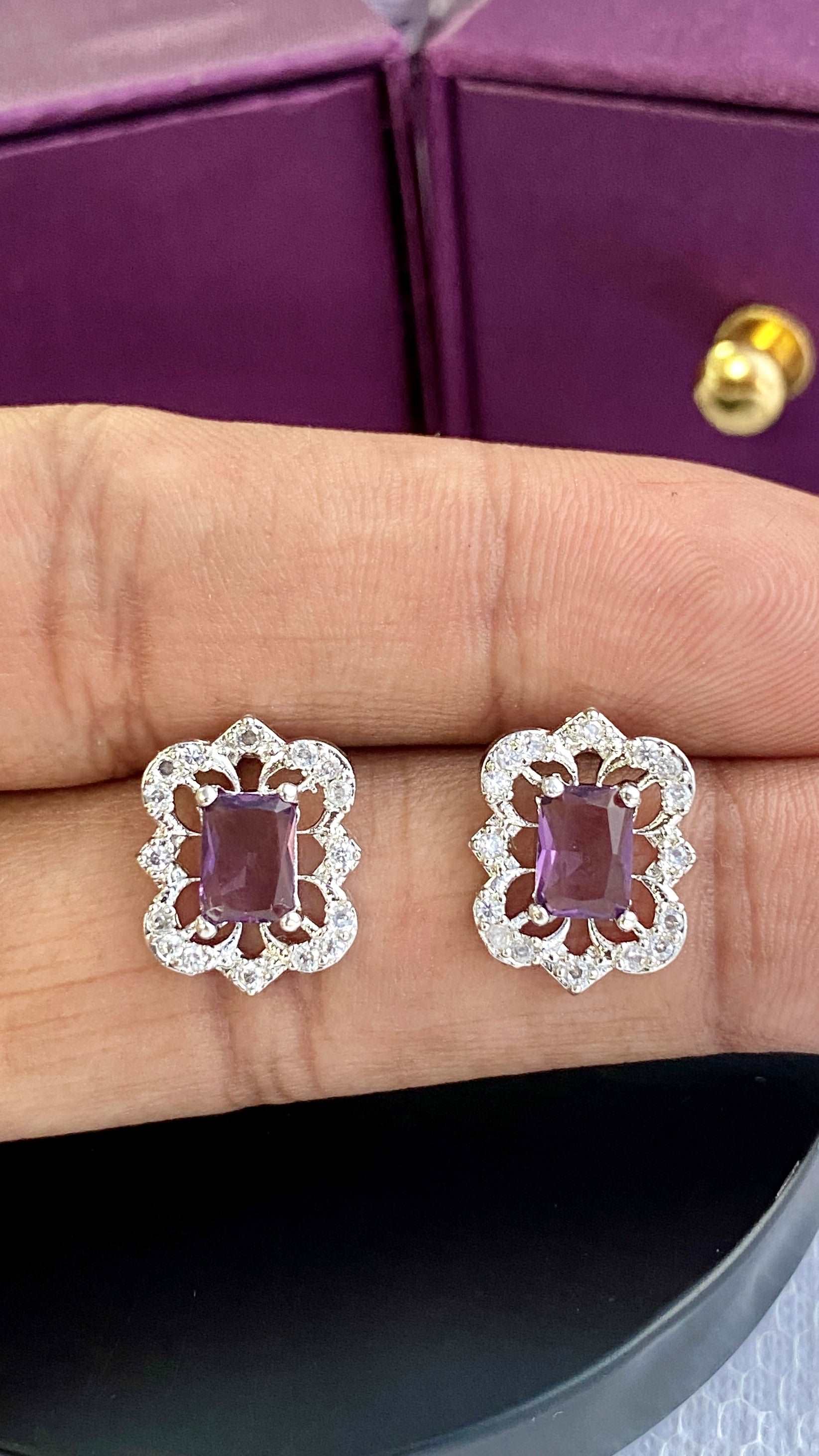 American Diamond Purple Pendant Chain & Earring Set - Desi Closet