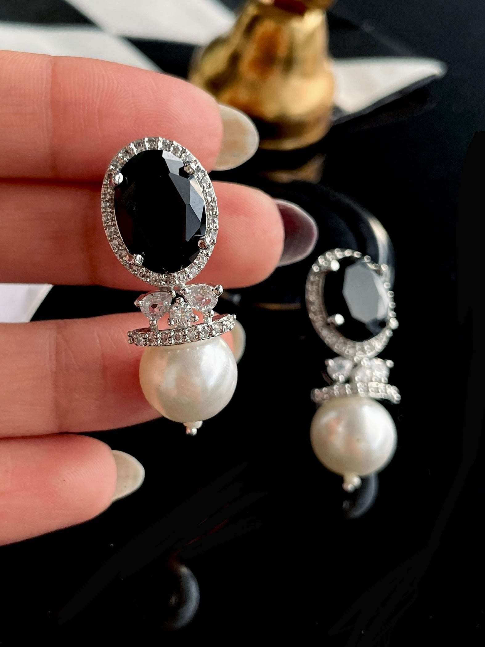 AD Premia Black Stone with Pearl Drop Earrings - Desi Closet