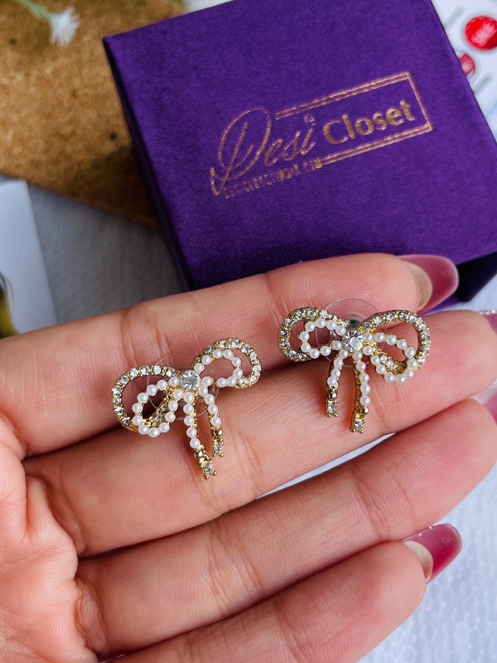 Layered Pearl Bow Studs - Desi Closet