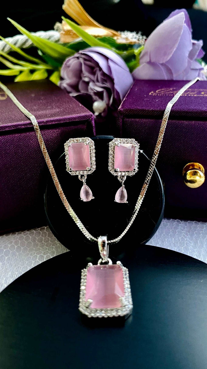 American Diamond Pink Rect Pendant Chain & Earring Set - Desi Closet