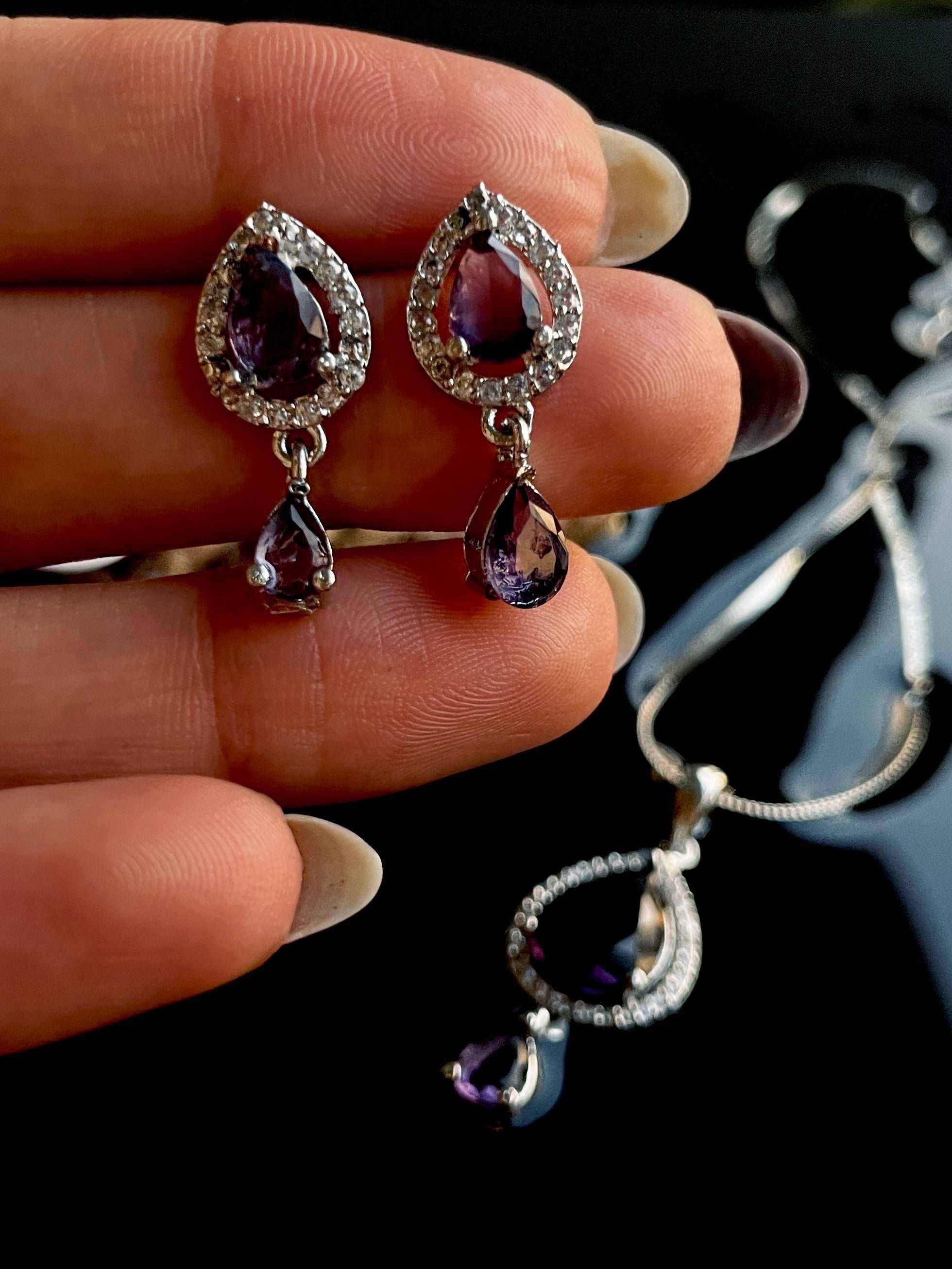 American Diamond Purple Ombre Pendant Chain & Earring Set - Desi Closet