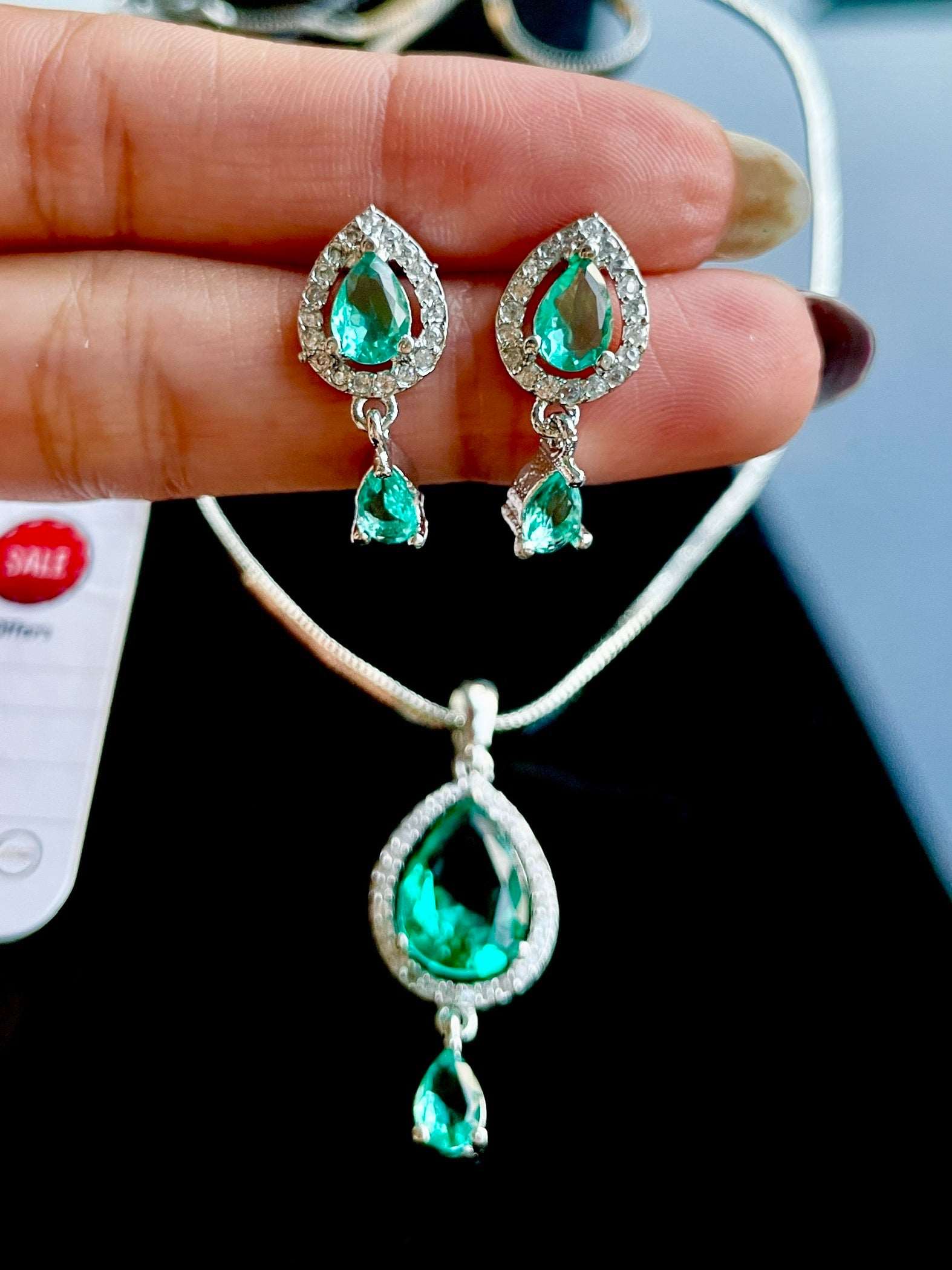 American Diamond Sea Green Pendant Chain & Earring Set - Desi Closet