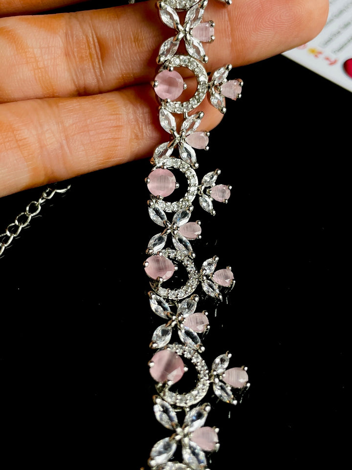 Premium American Diamond Choker Necklace with Pink Stones and Hanging Earrings - Desi Closet