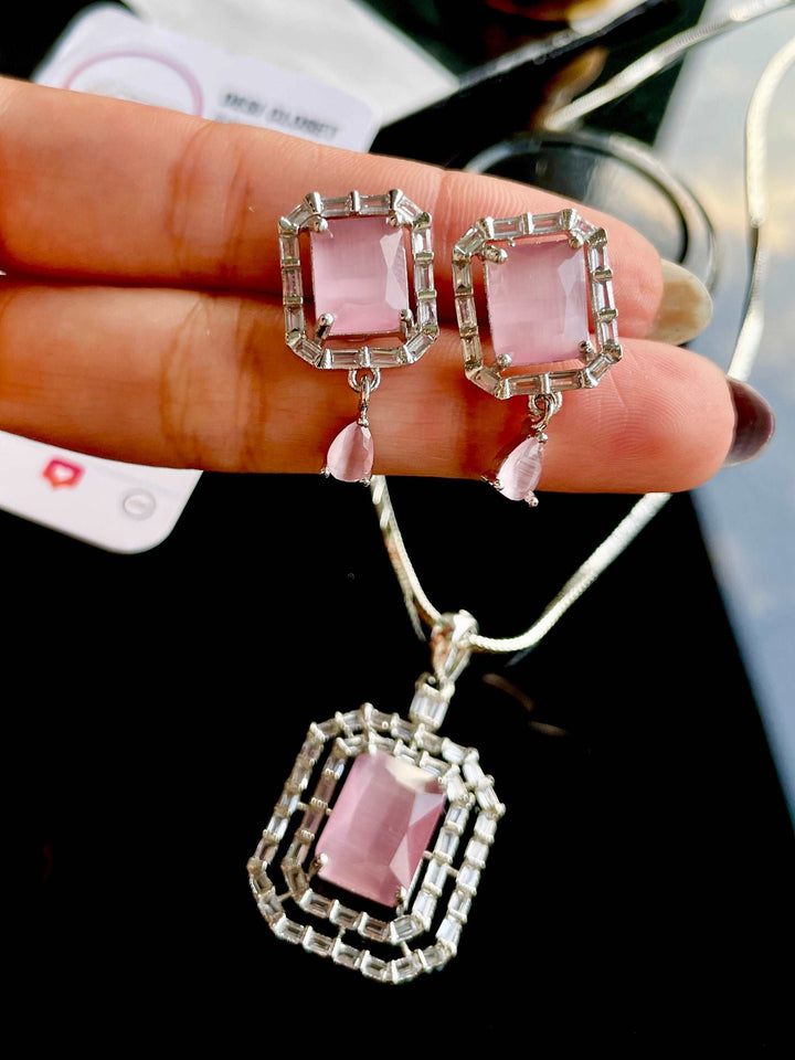 American Diamond Pink Square Layered Pendant Chain & Earring Set - Desi Closet