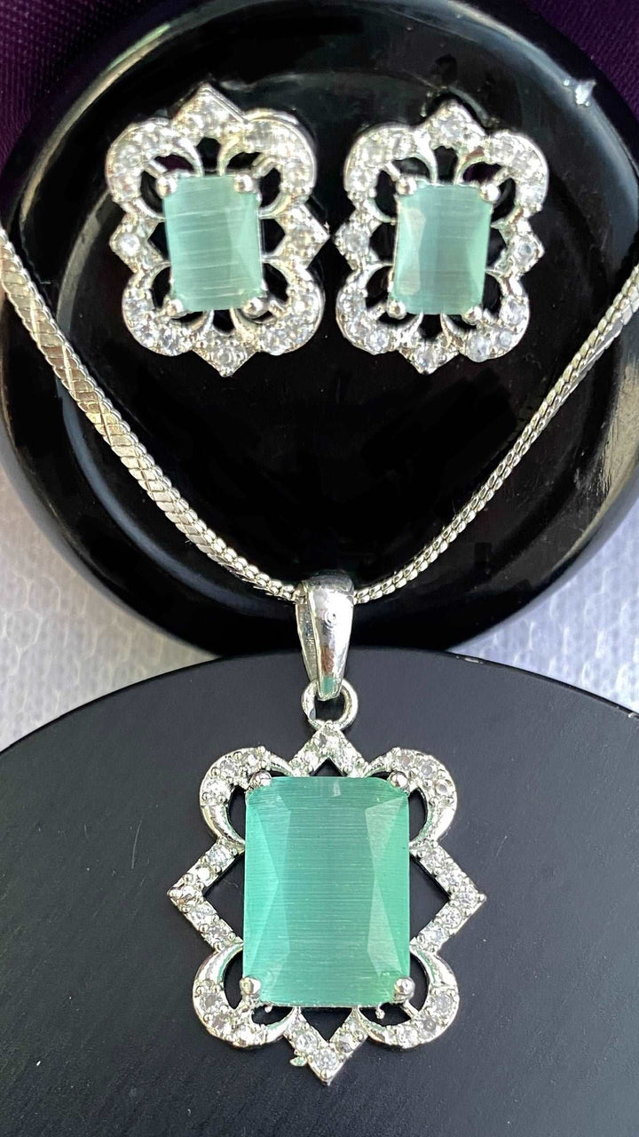 American Diamond Light Green Pendant Chain & Earring Set - Desi Closet