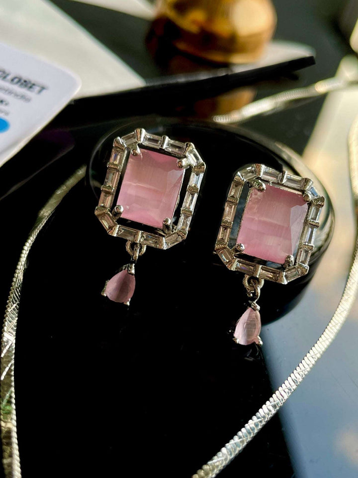 American Diamond Pink Square Layered Pendant Chain & Earring Set - Desi Closet