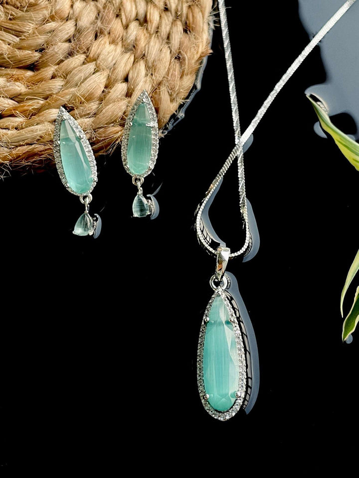 American Diamond Sage Green Pendant Chain & Earring Set - Desi Closet