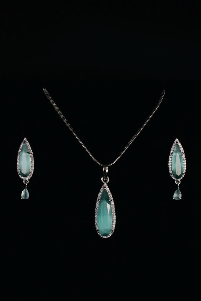 American Diamond Sage Green Pendant Chain & Earring Set - Desi Closet