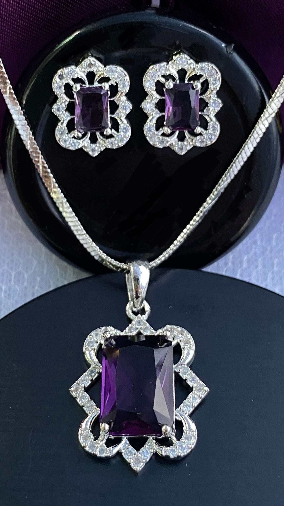 American Diamond Purple Pendant Chain & Earring Set - Desi Closet
