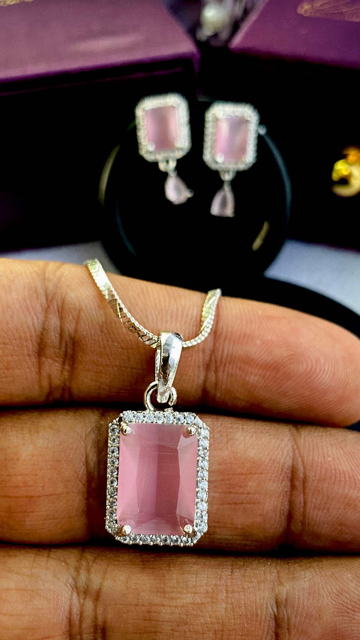 American Diamond Pink Rect Pendant Chain & Earring Set - Desi Closet