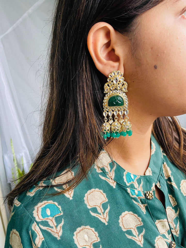 Green Emerald Chandelier Heavy Jhumkis - Desi Closet