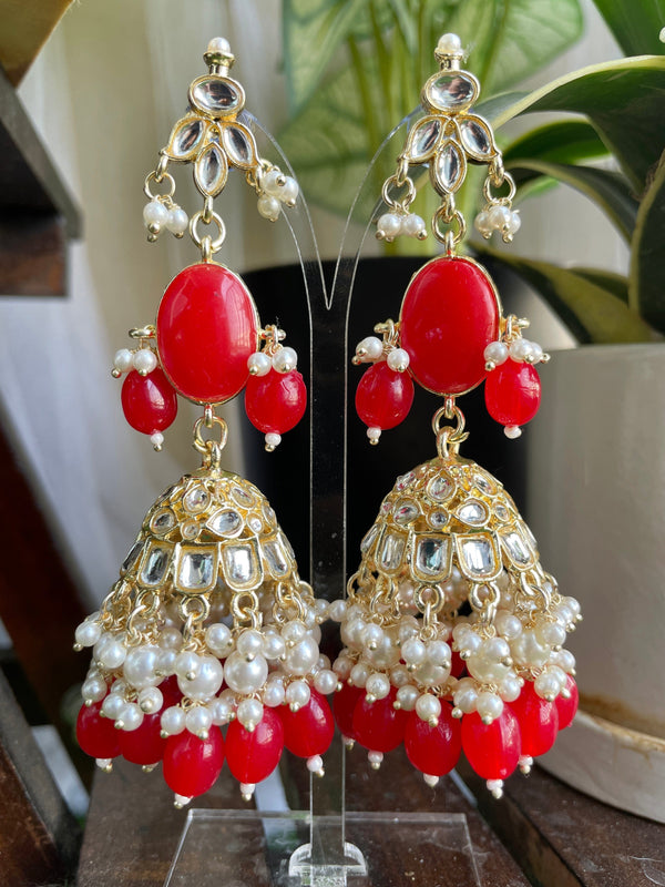 Wedding Red Tumble Stone Jhumki Earrings - Desi Closet