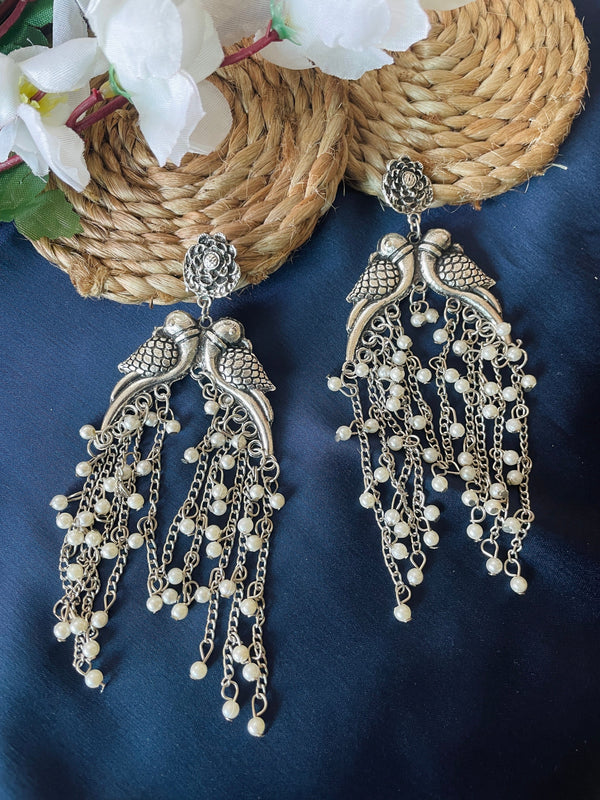 Silver Bird Pair Pearl Danglers - Desi Closet