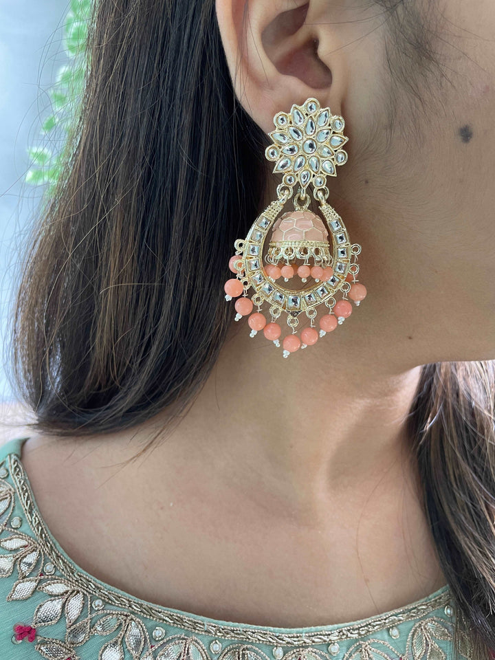 Light Weight Kundan Jhumka Earrings - Peach - Desi Closet