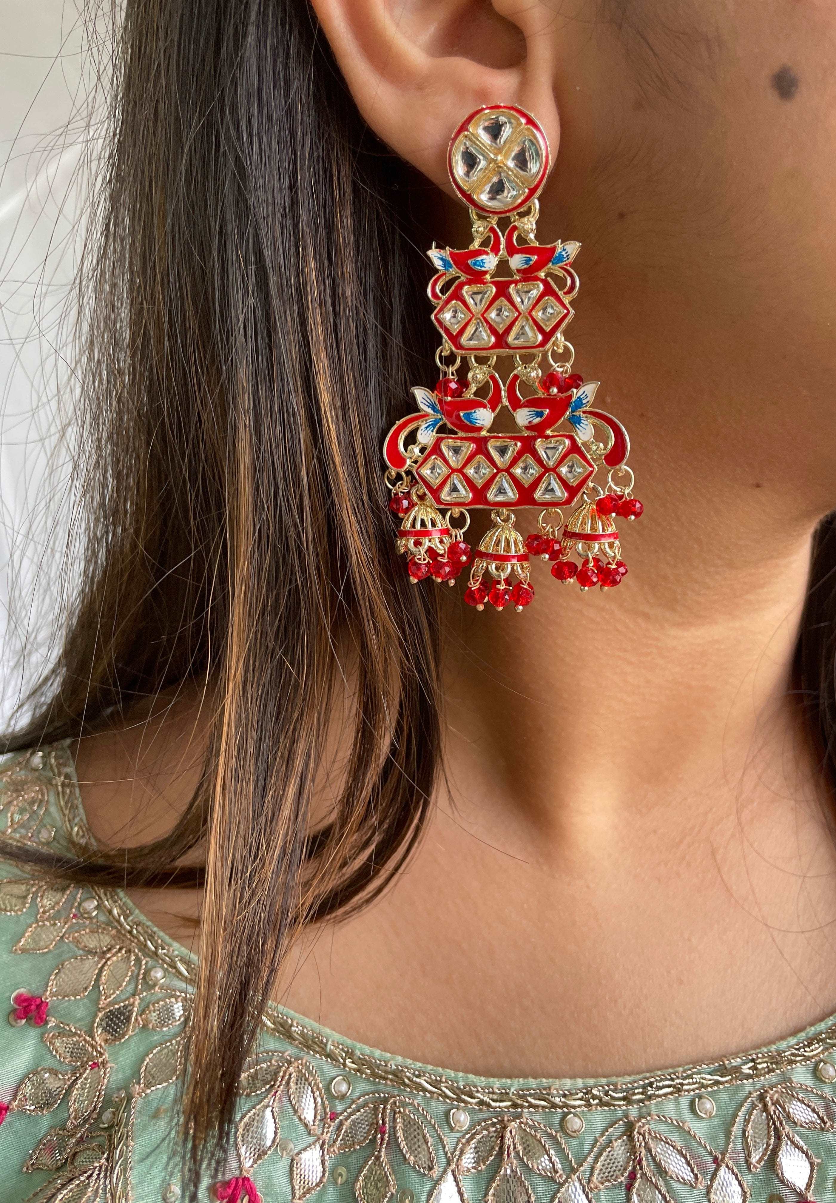 Kundan Chandelier Earrings - Red - Desi Closet