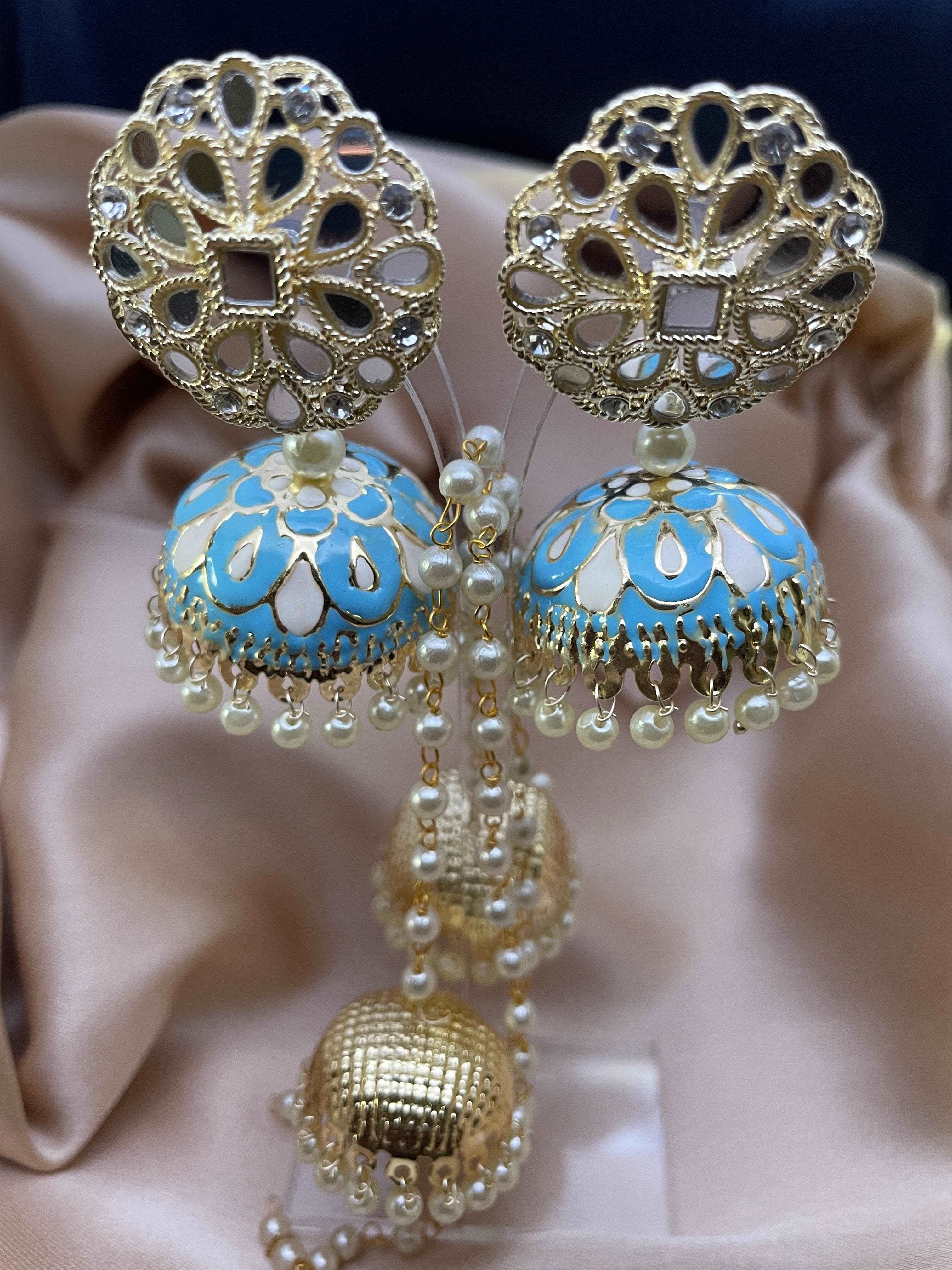 Bling Earrings with Beaded Sahara Extensions Jhumka-Blue - Desi Closet
