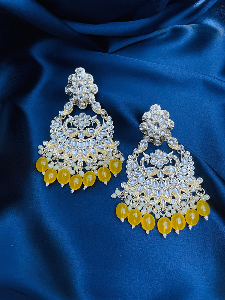 Super Light Peacock Kundan Danglers - Yellow - Desi Closet