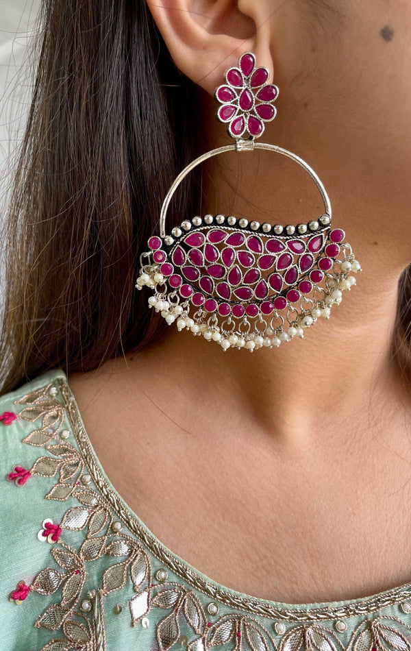 Oxidised Silver Tone Large Stone Earrings - Wine - Desi Closet
